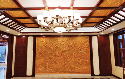 济源中式别墅客厅中式木作横梁吊顶装饰展示